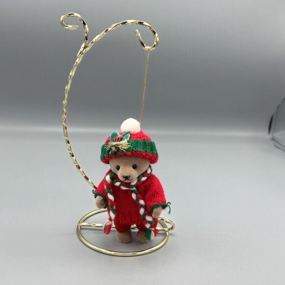 Vtg Flocked Articulated Teddy Bear Sweater Outfit Christmas Ornament 5" T READ - Picture 4 of 8